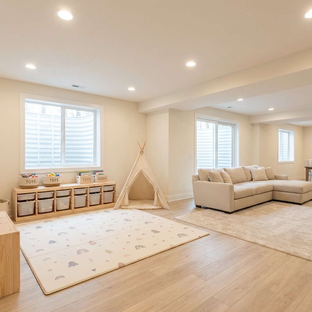 Basement play area with storage