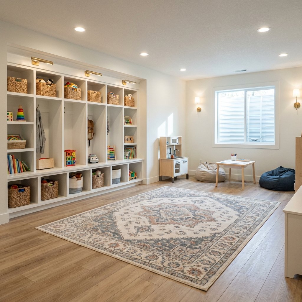 Bright basement playroom with storage