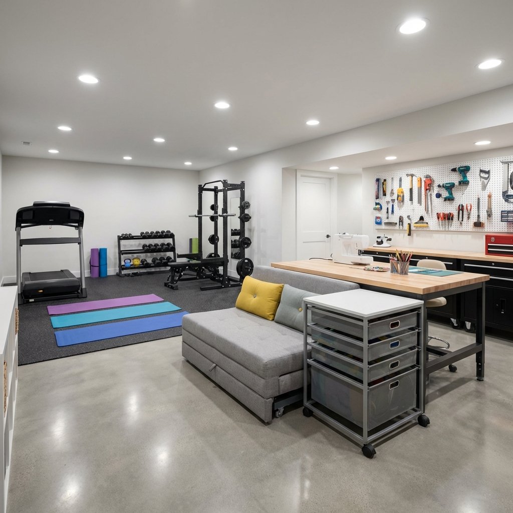 Multipurpose basement fitness and work area