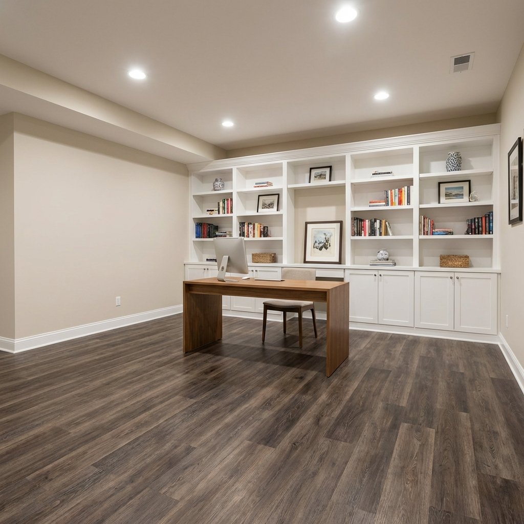 Home office with custom white built-in shelving