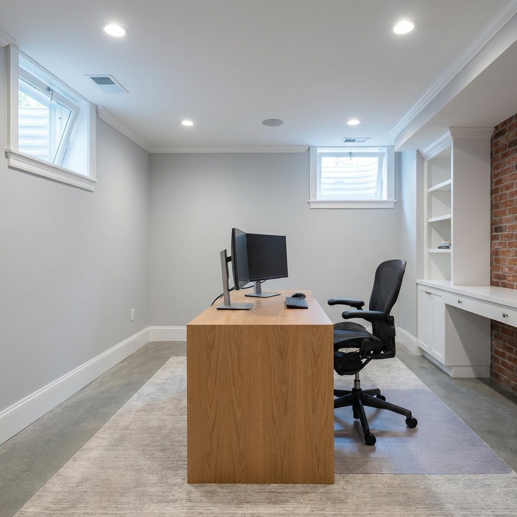 Modern basement home office with dual monitors