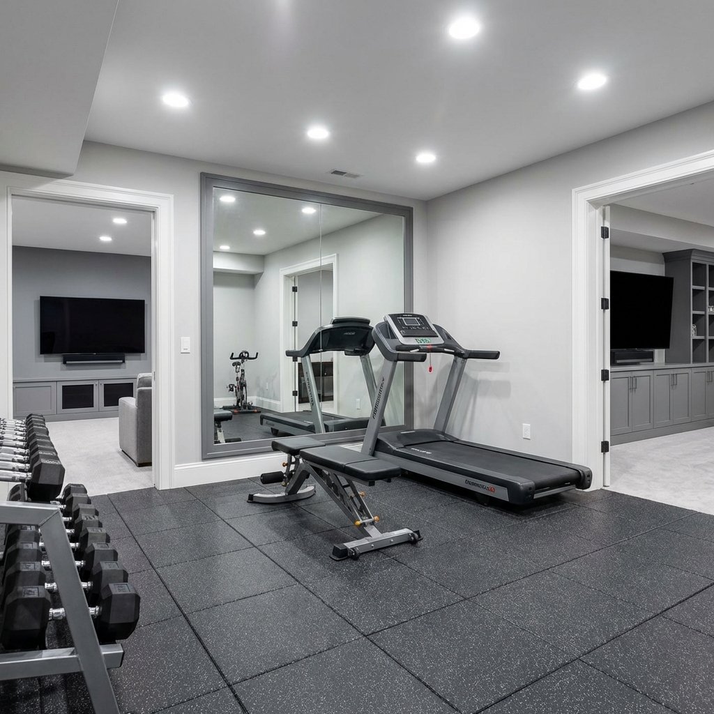 Home gym with rubber flooring in Acton MA basement